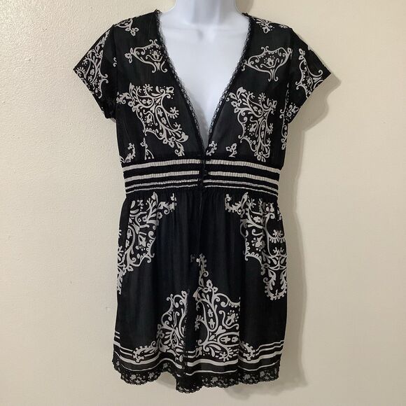 Vintage Y2K RTQ Black Sheer Boho Babydoll Whimsigoth Mesh Lace Trim Blouse S - Picture 1 of 7